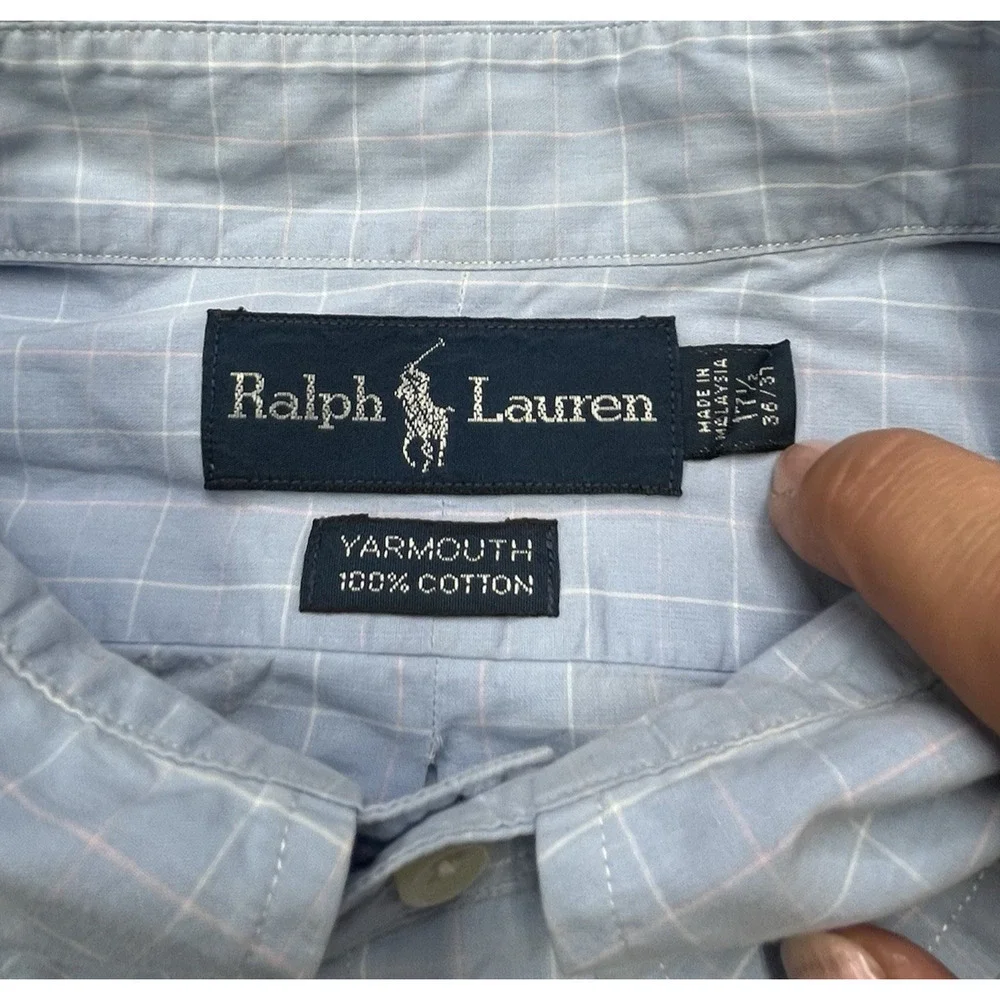 Vintage Ralph Lauren Yarmouth Shirt 17.5 36/37 Lightweight Blue Plaid Career